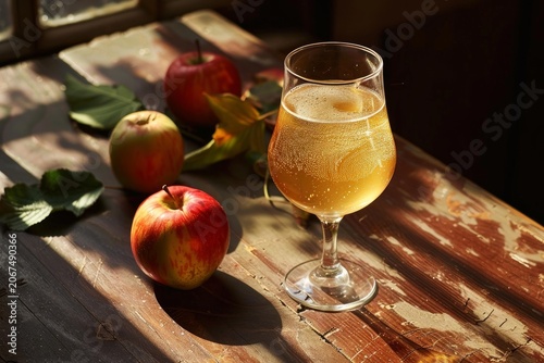Refreshing apple cider in elegant glass sits on rustic wooden table, accompanied by ripe red apples and autumn leaves, creating a cozy fall atmosphere