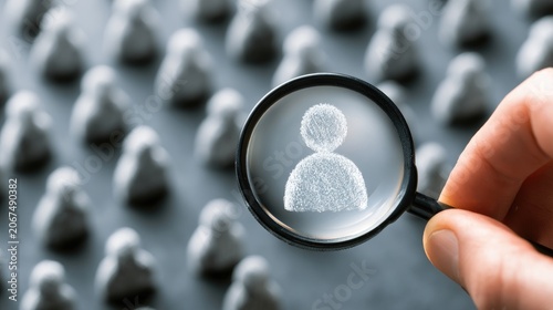 Magnifying glass focuses on one stylized figure among many