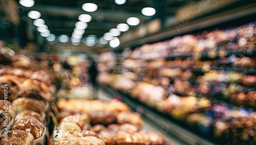 Blurry aisle of baked goods in a brightly lit store