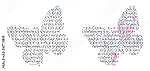 Butterfly Maze Puzzle and Labyrinth Challenge, Intricate Line Path Illustration