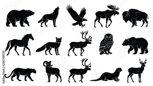 Photography Stylized Black and White Wild Animals Vector Set Featuring North American Forest