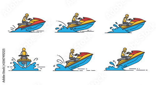 Fotografie Jet ski watercraft icons with rider on waves.