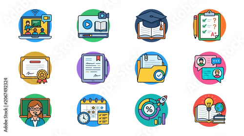 Online education icons show learning resources and tools for students and teachers in a digital classroom setting.