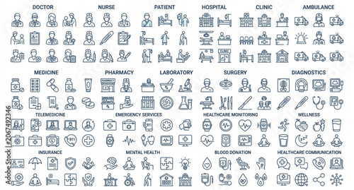 Complete healthcare and medical outline icon mega collection with hospital doctor and wellness symbols