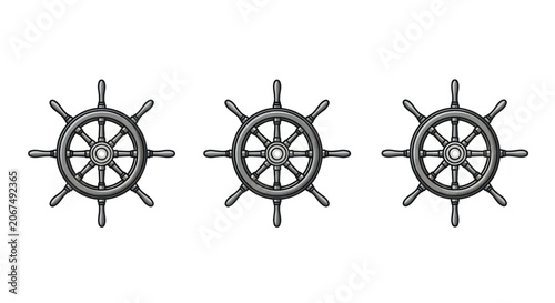 Fotografie Nautical ship steering wheel helm icons set.