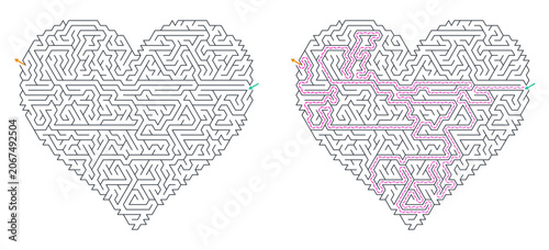 Detailed Heart Maze Puzzle With Answer Key For Love Themed Worksheet