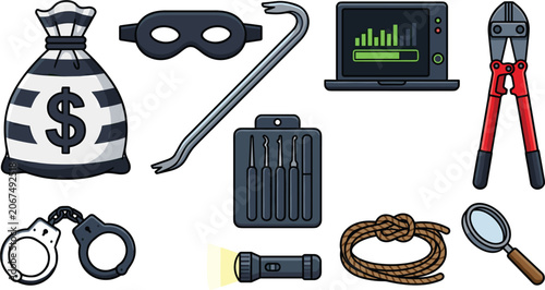 Billede på lærred Burglary and Thief Tools Vector Icon Set with Money Bag Crowbar Lockpicks Handcu