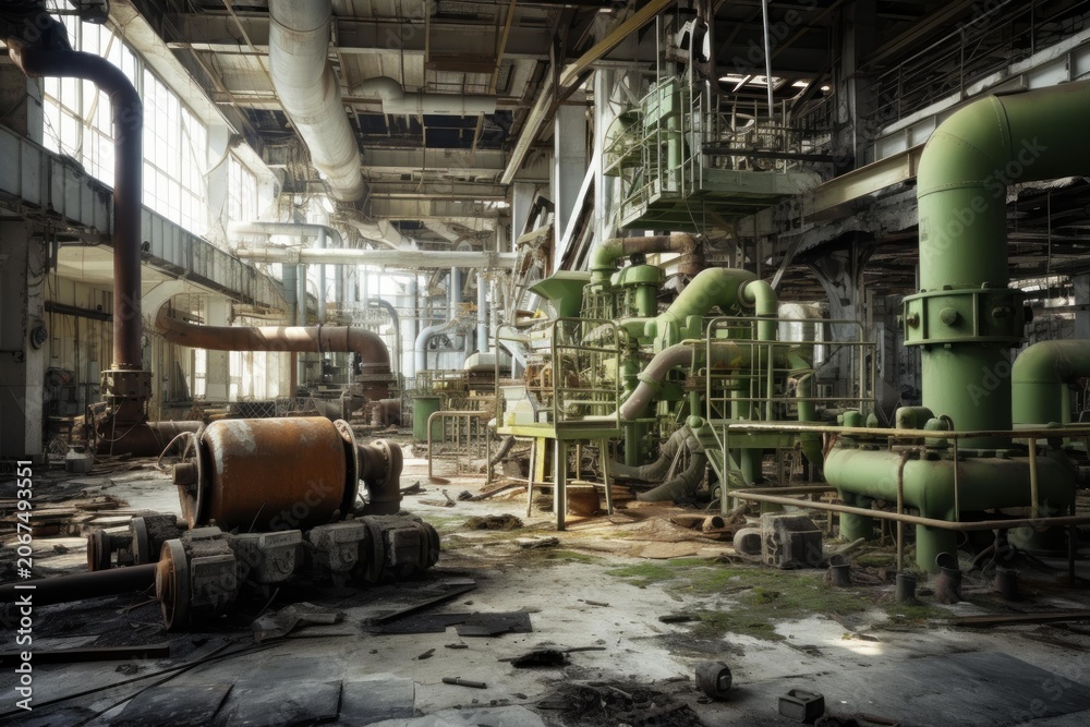 Fototapeta premium Derelict industrial scene with decaying machinery, pipes, and moss growing on the floor, illustrating urban decay and industrial decline