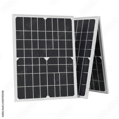 Black and white solar panels stacked on ground isolated on transparent background