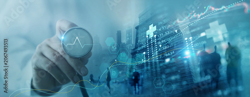 Healthcare and medical business marketing graph and data of growth, Health business investment analyzing, Financial and banking, Medical business report on global network. Science and doctor.