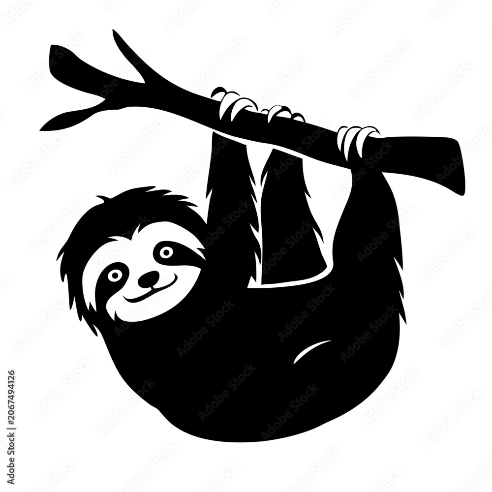 Fototapeta premium Cute baby sloth hanging from branch with friendly smile. Small baby sloth clings to sturdy tree branch, black silhouette graphic for playful designs. Sweet baby sloth image for children books.