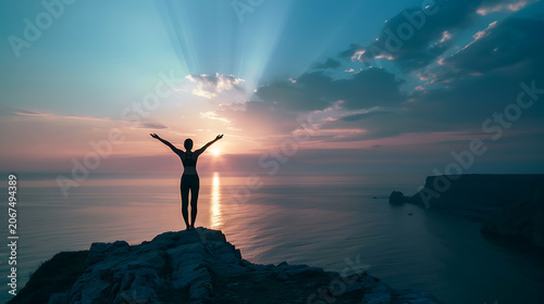 Woman Arms Spread Sunrise Calm