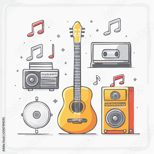 Acoustic guitar and vintage audio equipment flat illustration.