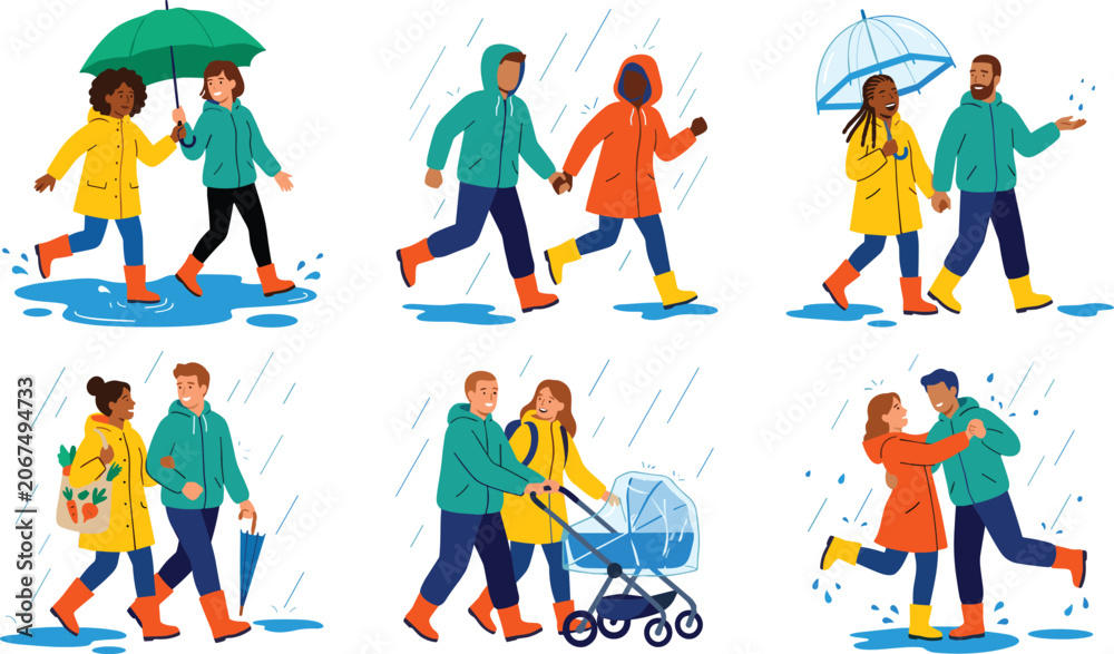 Fototapeta premium Rainy Weather Vector Set with Diverse Couples Walking Under Umbrellas Wearing Raincoats Puddle Jumping and Pushing Stroller in Autumn Shower