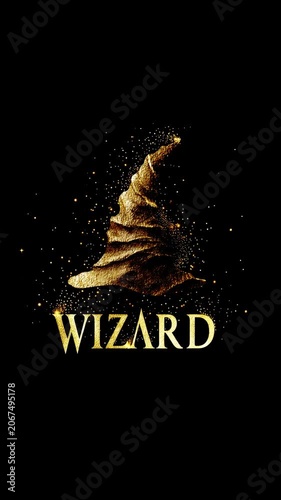 Golden wizard text with magical wizard hat and sparkling golden particles on an empty black background, vertical fantasy video featuring enchanting glowing effects