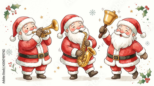 Cute cartoon Santa Claus characters playing musical instruments, trumpet, saxophone, and bell, Christmas celebration, watercolor style, vector illustration.