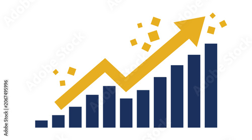 Financial growth bar chart with rising golden arrow in flat vector for investment planning