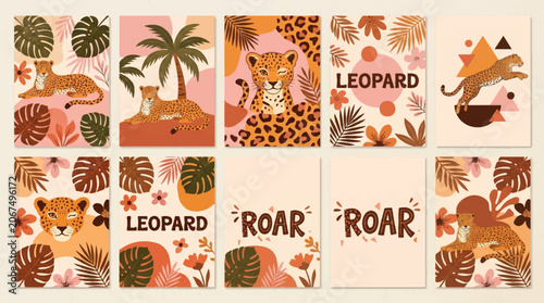 Sticker Boho Safari Nursery Art Collection with Cute Cartoon Leopards Exotic Monstera Le