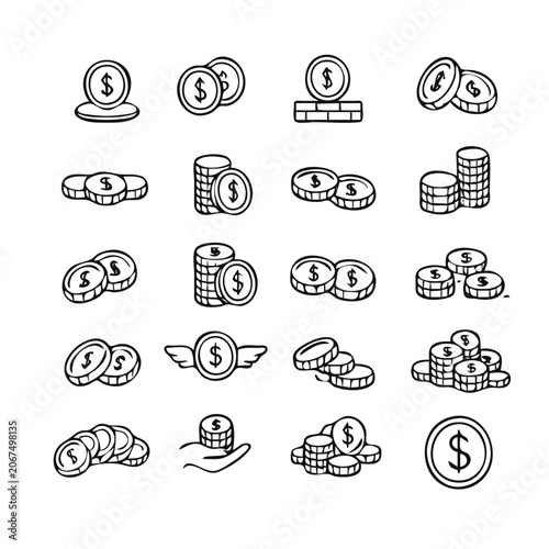 A clean minimalist line icon set of dollar coin stacks, 16 icons in a grid, thin black outline style on white background, consistent 2px stroke weight, simple geometric shapes, no background, no color