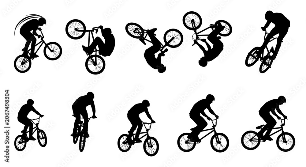 Naklejka premium Set of ten black silhouettes of people performing various extreme stunts on BMX bikes.