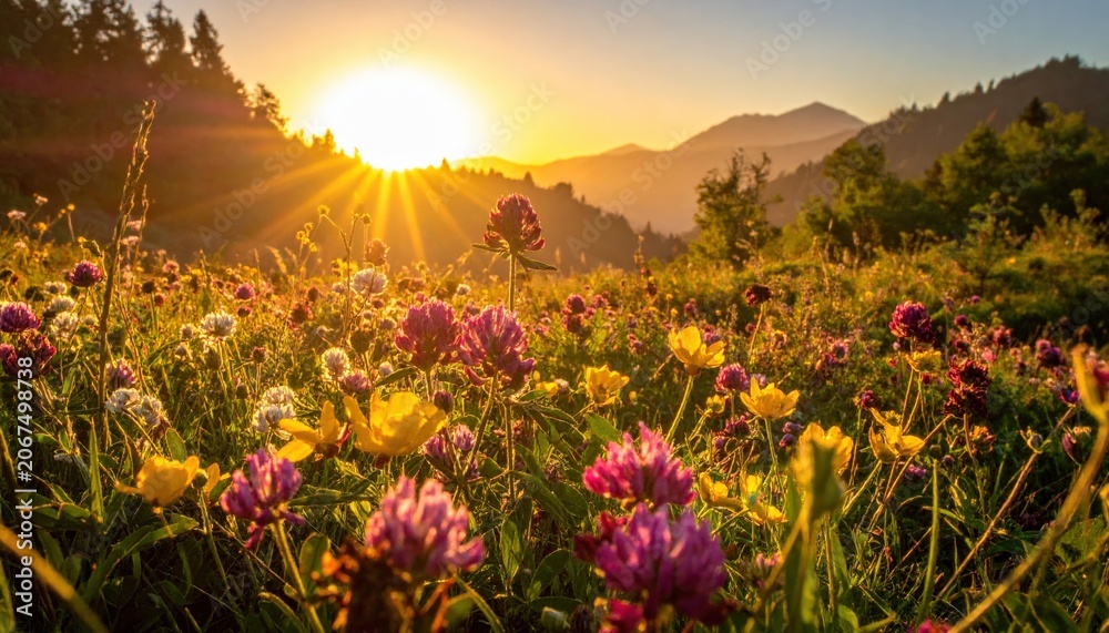 Obraz premium Breath-taking Golden Morning Happiness Background Photo with Sun Rays Piercing a Field of Vibrant Wildflowers for Motivational Quotes and Wellness Website Banners