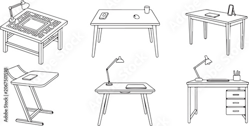 Professional workspace furniture featuring wooden desks with drawers and modern study tables equipped with lamps and accessories.