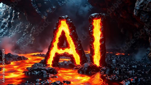 Fiery AI letters emerge from molten lava river in dark cave