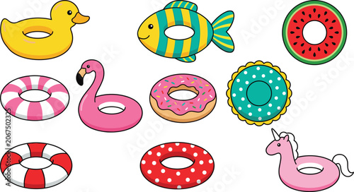 Inflatable Pool Floats and Swim Rings Vector Icon Set, Cute Summer Swim Tube Cartoon Illustrations Isolated on White Background