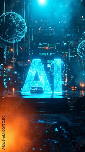 Futuristic AI technology glowing in a digital cityscape with abstract spheres