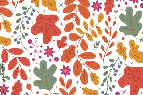Autumn forest pattern with colorful leaves and berries seamless fall season botanical texture for festive holidays background.
