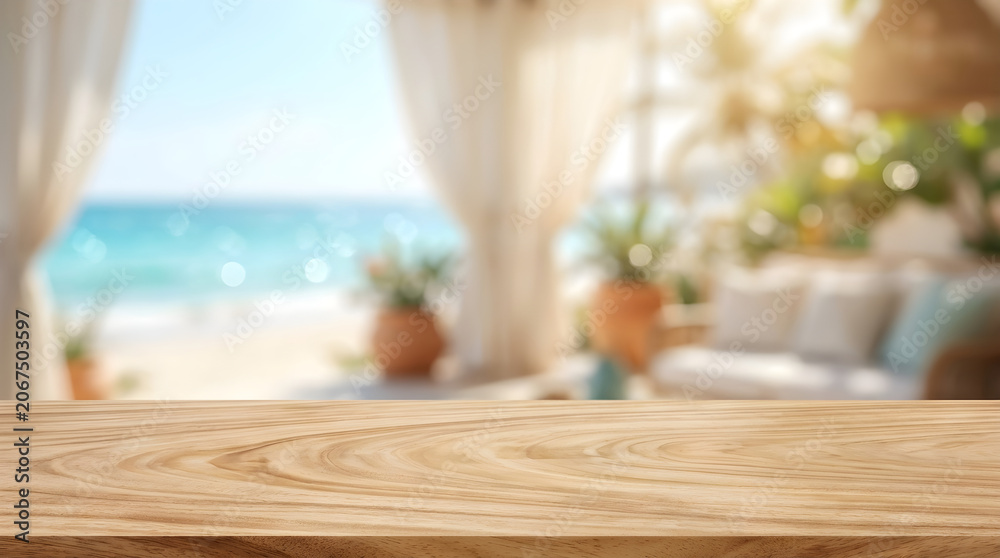 Fototapeta premium Wooden table top mockup with blurred tropical beach resort background for product display in sunny summer vacation vibe.