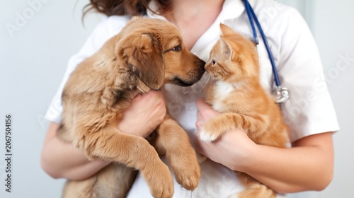 Veterinarian caring for a golden retriever puppy and an orange kitten, fostering friendship and bonding between the young pets during a routine checkup at a modern animal clinic