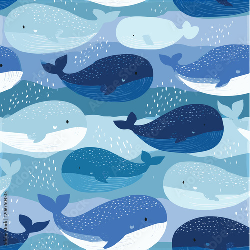 Marine seamless pattern, cute whales, blue ocean palette