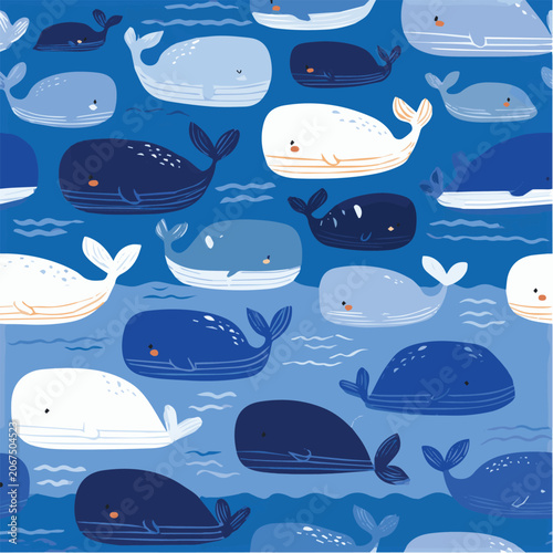 Marine seamless pattern, cute whales, blue ocean palette