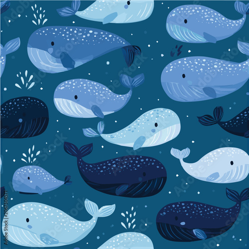 Marine seamless pattern, cute whales, blue ocean palette