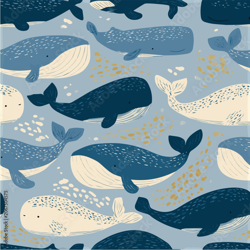 Marine seamless pattern, cute whales, blue ocean palette