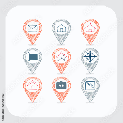 Hand-drawn map pointer icons with various navigation symbols.