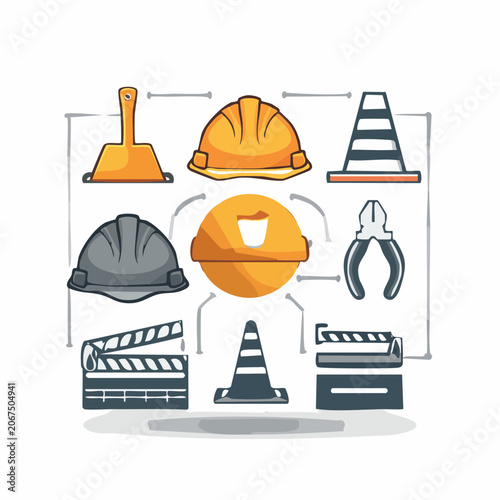 Hand-drawn construction safety gear and hand tool icons.