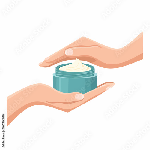 Hands holding blue cosmetic jar for skin care routine.