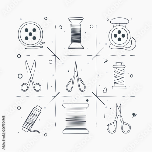 Hand drawn sewing tools with thread spools and scissors.