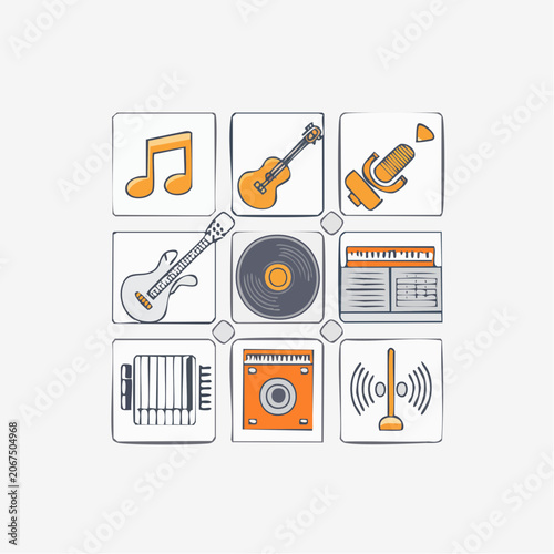 Hand-drawn style music and audio icons grid.