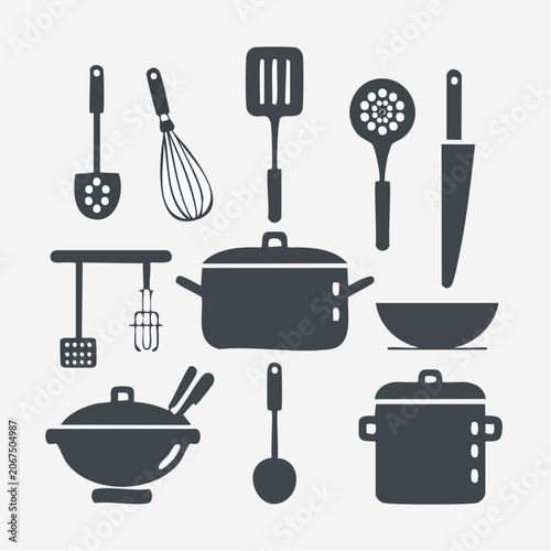 Group of various black kitchen tool and pot icons.