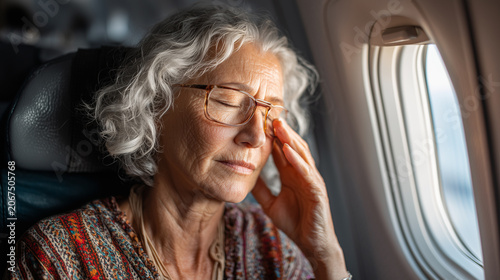 senior woman experiencing travel fatigue and headache while sitting by airplane window during flight