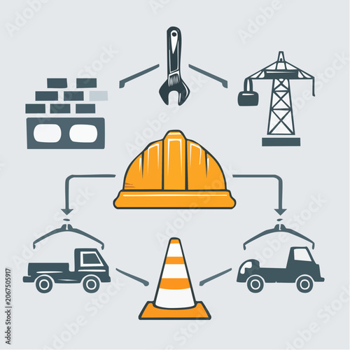 Infrastructure and construction equipment flat vector icon set.