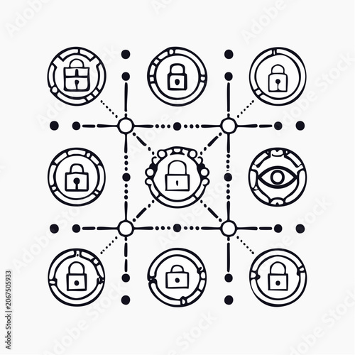 Interconnected cyber security network icons with locks and eyes.