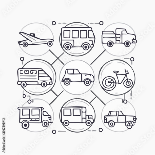 Interconnected logistics and transportation network icon set.
