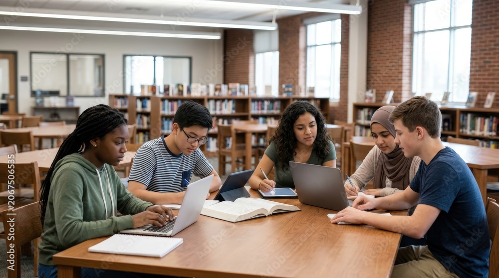 Obraz premium Students collaborating in a university library using laptops and digital devices