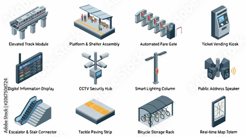 Schilderij op canvas Collection of isometric elements for public transportation systems, including stations, security, and information displays