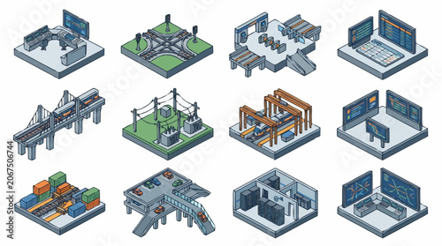 Isometric illustrations of various industrial and urban infrastructure elements.