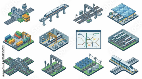 Isometric set of transportation and infrastructure elements, including trains, stations, roads, and airports.
